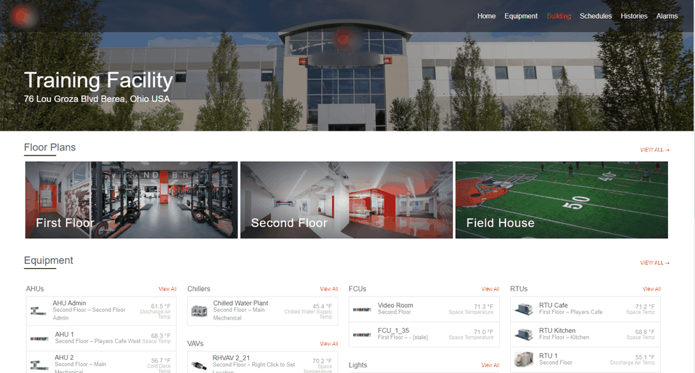 Reflow home page for the Cleveland Browns Training Facility with floor plan cards and equipment lists