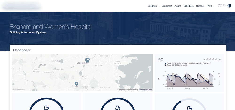 Reflow hospital dashboard with a campus map, an indoor air quality trend chart and kWh energy gauges